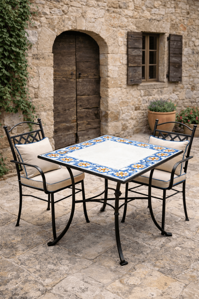 Table de jardin carrée en pierre de lave sicilienne avec décor floral